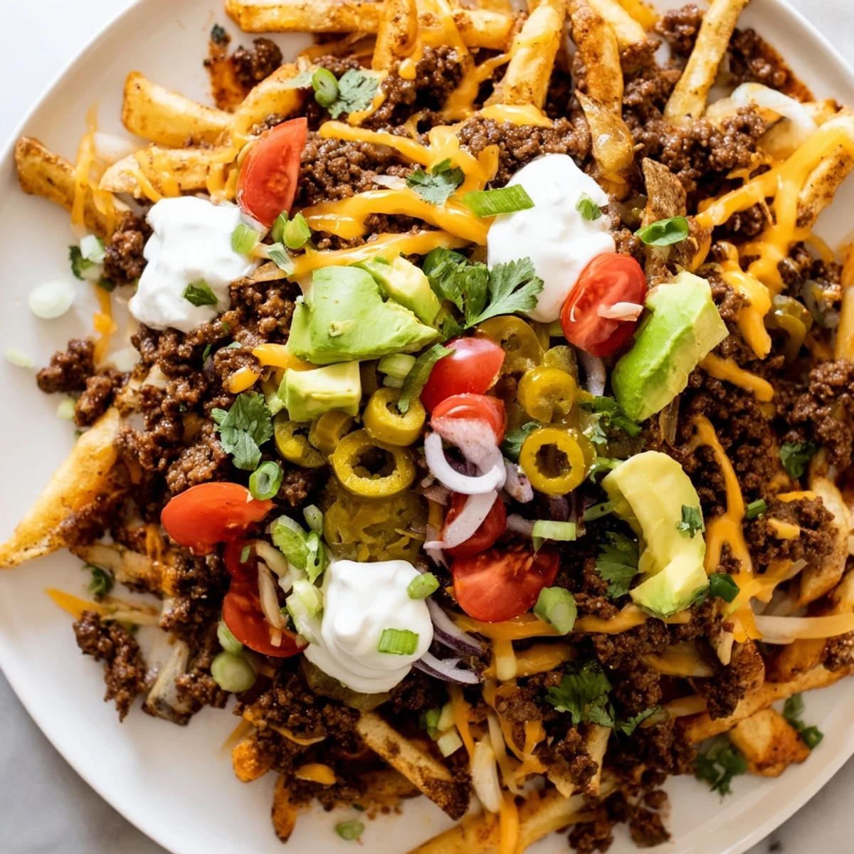 A game day platter of loaded nacho fries topped with sour cream, cilantro, and fresh avocado.