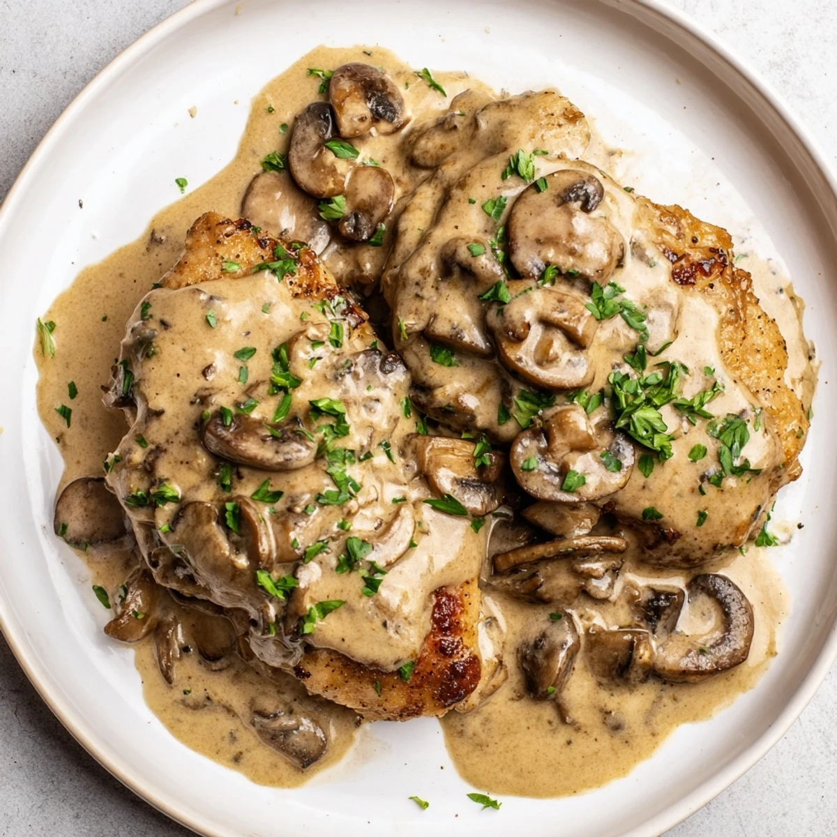 Golden-brown, tender Date Night Chicken Marsala breasts smothered in a creamy mushroom Marsala sauce garnished with fresh parsley.