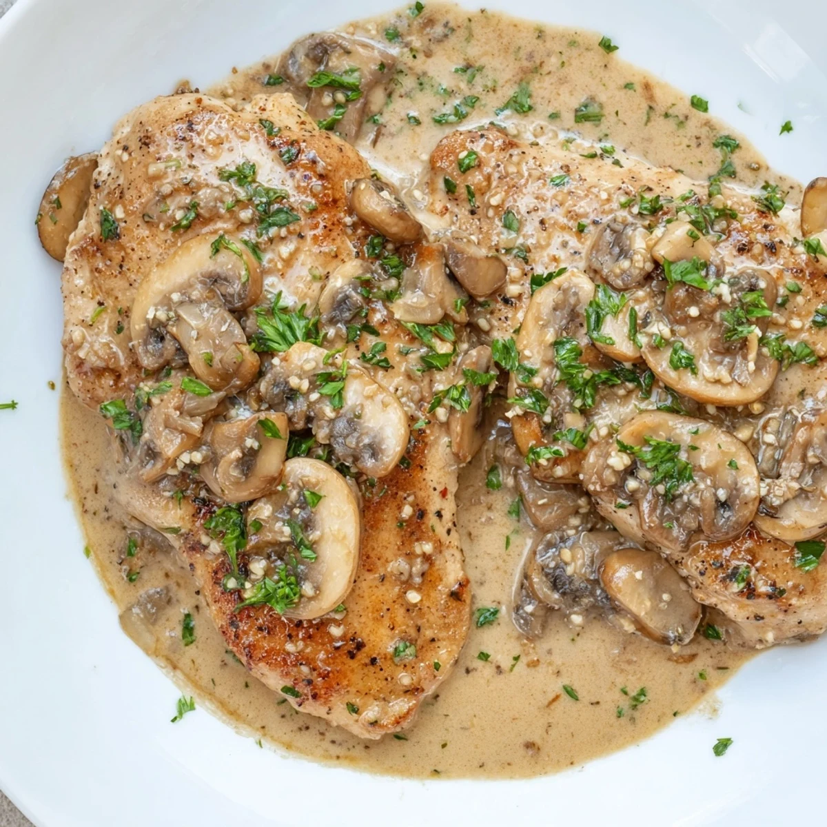 A skillet of Date Night Chicken Marsala paired with mashed potatoes, showcasing juicy chicken and a luscious, creamy mushroom sauce.