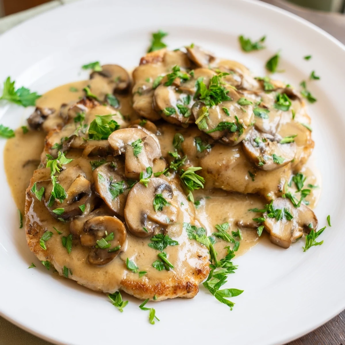 Fork-tender Date Night Chicken Marsala served over pasta, with the rich, savory mushroom sauce pooling on the plate.