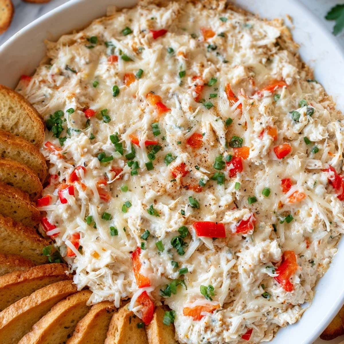 Freshly baked Crab Dip with Crackers and Crostini bubbling from the oven, topped with melted mozzarella and Parmesan, served alongside crispy crostini brushed with olive oil and a side of assorted crackers.