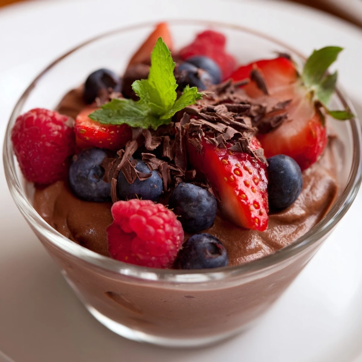 Four glasses of chocolate mousse with mixed berries, garnished with mint for an elegant dessert.