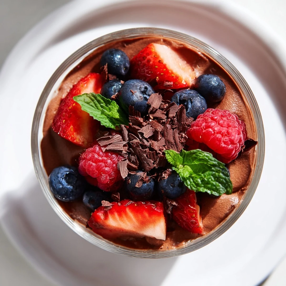 A spoon scoops into rich chocolate mousse topped with fresh raspberries and blueberries.
