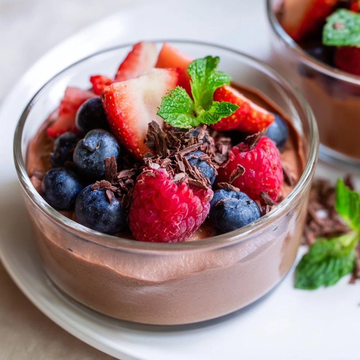 Chocolate mousse topped with vibrant mixed berries, ready to serve at an elegant gathering.