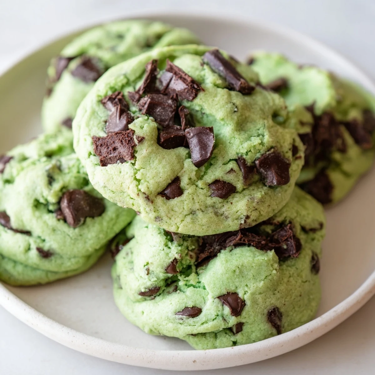Freshly baked Mint Chip Cookies with green dough and melted chocolate chips rest on a cooling rack.