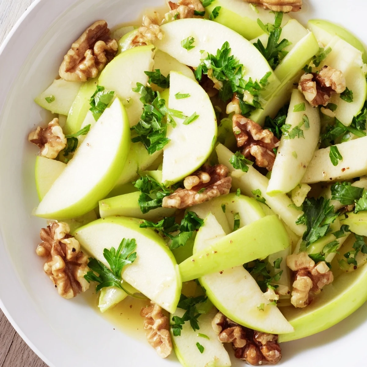 Freshly prepared Apple and Celery Salad with Walnuts featuring crisp sliced apples, crunchy celery, and toasted nut crumbles in a light lemon dressing.