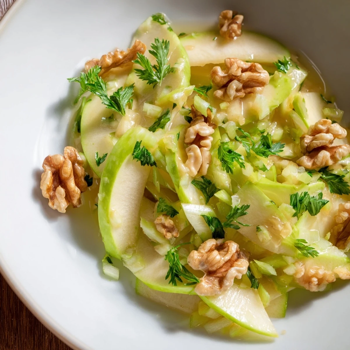 Close-up of Apple and Celery Salad with Walnuts glistening with tangy dressing, highlighting juicy apple slices and celery for an easy vegetarian dish.