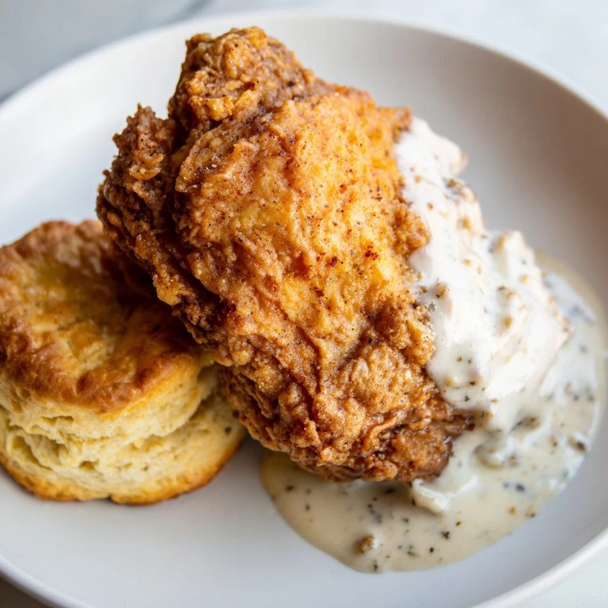Freshly fried golden-brown chicken rests on flaky buttermilk biscuits, drenched in creamy homemade peppered gravy for a hearty Southern meal.