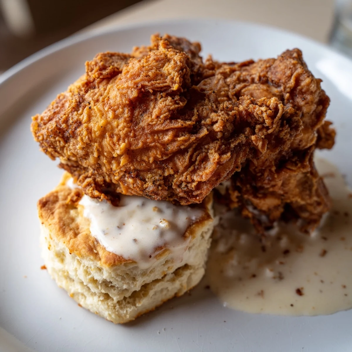 Warm, buttery biscuits and crispy fried chicken are smothered in rich, peppery country gravy, served ready to enjoy on a rustic plate.