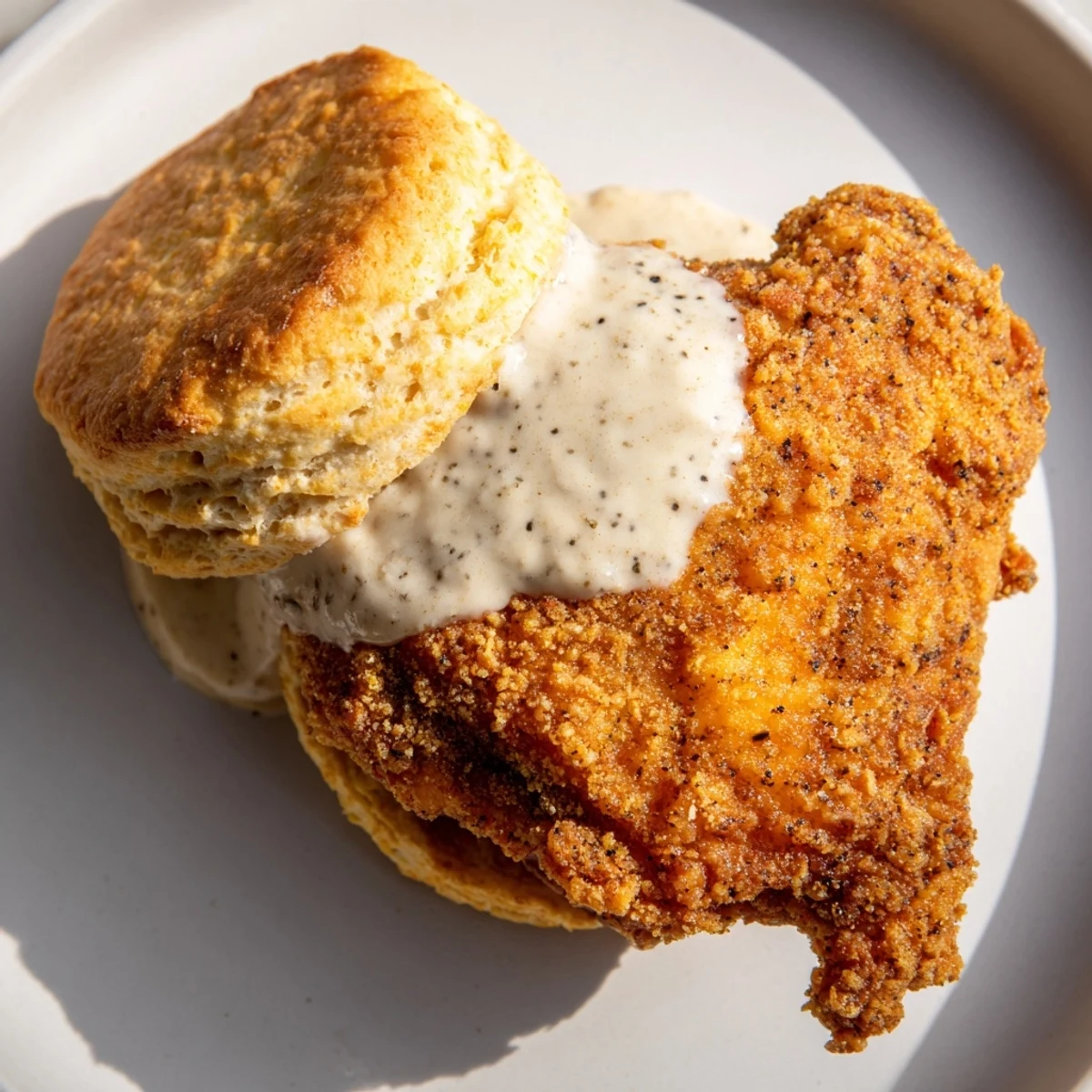 Golden fried chicken thighs and biscuits topped with steaming homemade gravy create a classic Southern comfort food dinner, perfect for any family feast.