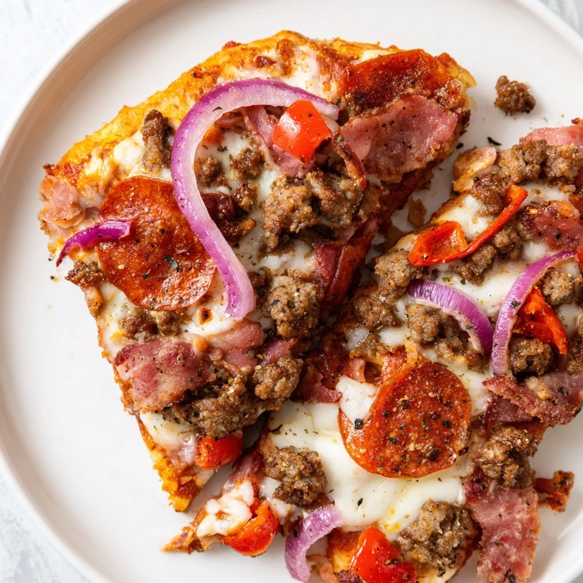 Golden, bubbly cheese and savory beef toppings cover a crispy, golden-brown crust of the Meat Lover Pizza, served hot from the oven.  