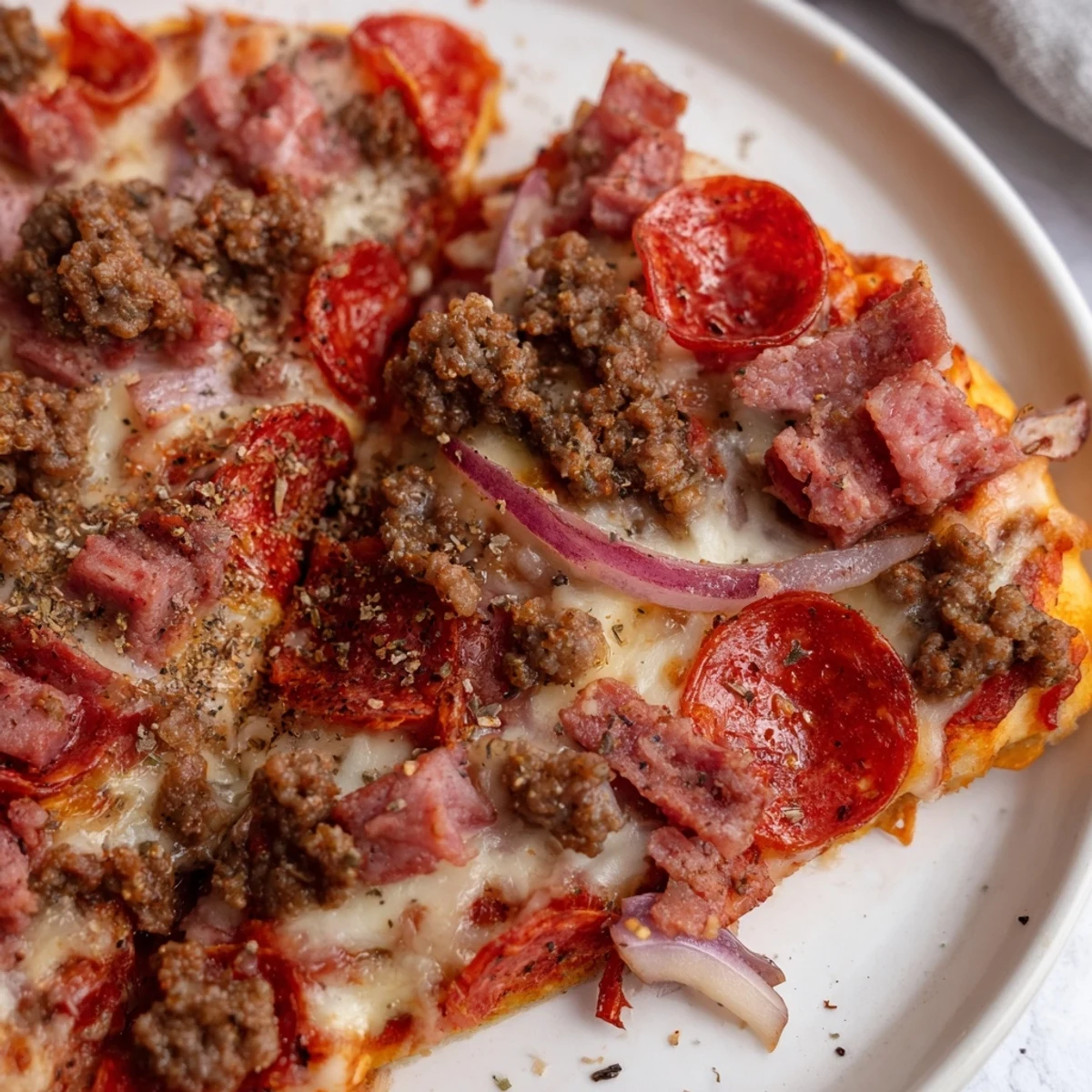 Slice of hearty Meat Lover Pizza rests on a white plate, revealing layers of mozzarella, beef, and peppers against a rustic backdrop.