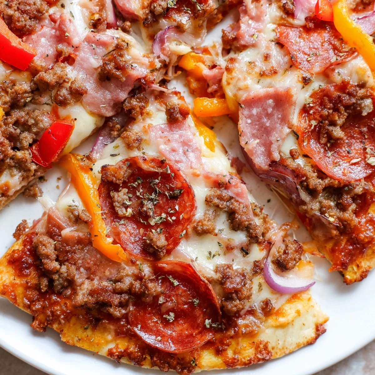 A close-up view of the Meat Lover Pizza with ground beef, pepperoni, and crumbled sausage, perfectly melted on a wooden cutting board.  