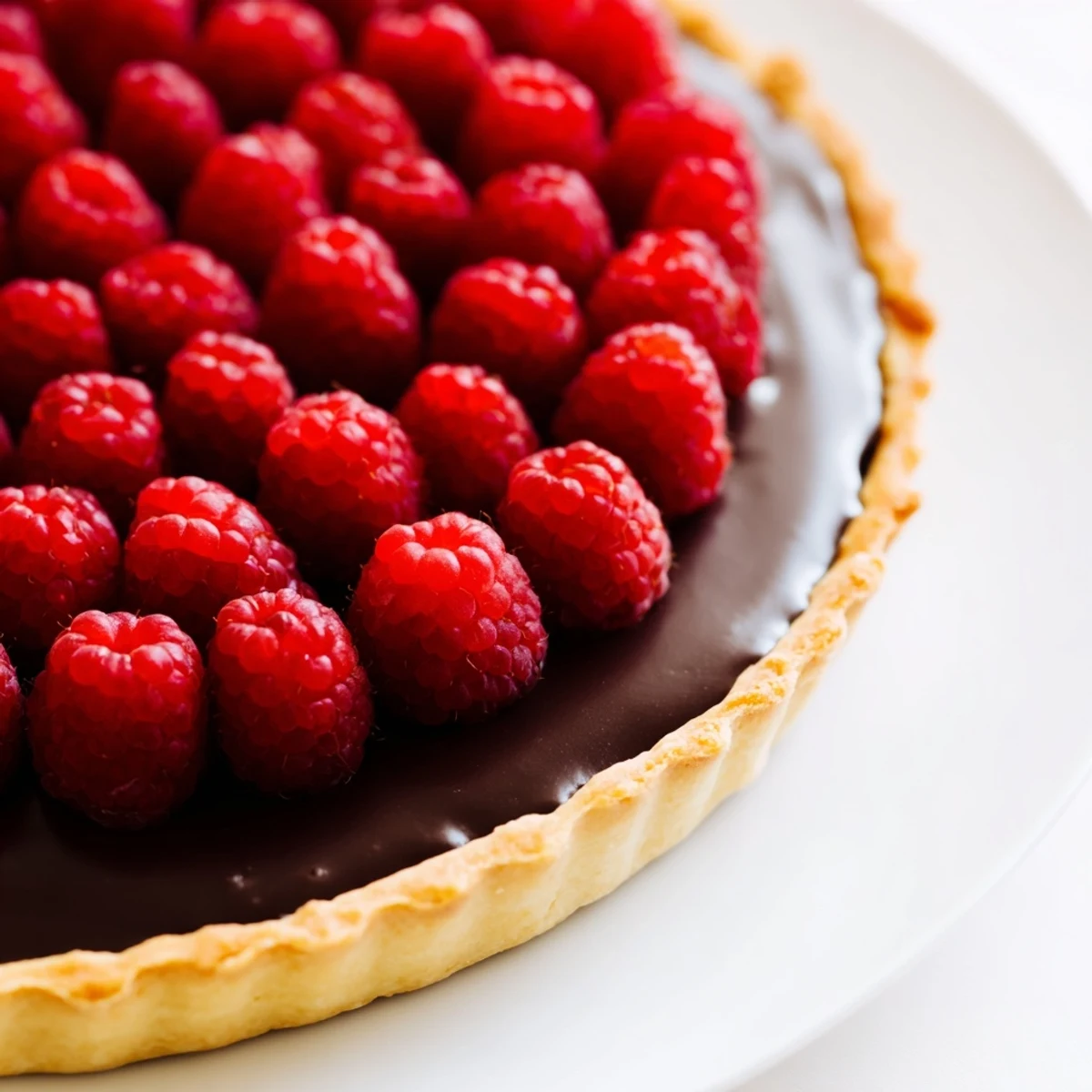 Golden raspberry tart with chocolate ganache on a white marble surface, showcasing vibrant berries and a glossy dark chocolate layer.