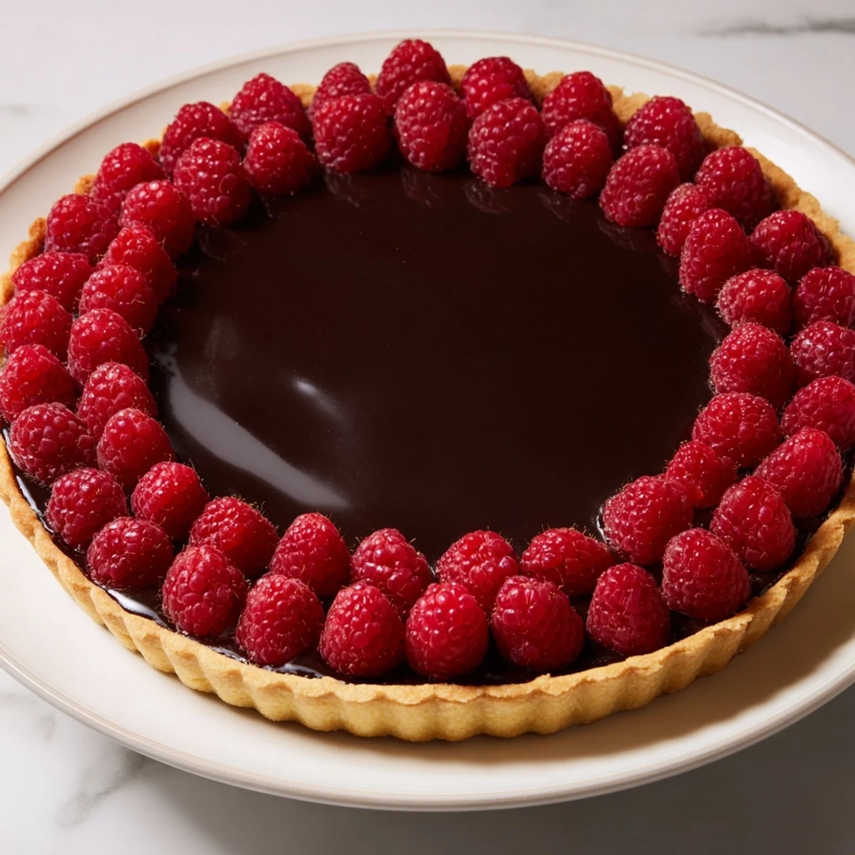 Close-up of a raspberry tart with chocolate ganache, fresh berries glistening with a light jam glaze.