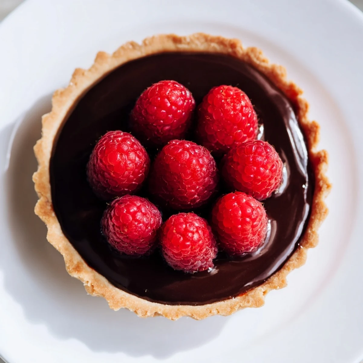 Fresh raspberry tart with rich chocolate ganache, ready to serve on a decorative plate for dessert.