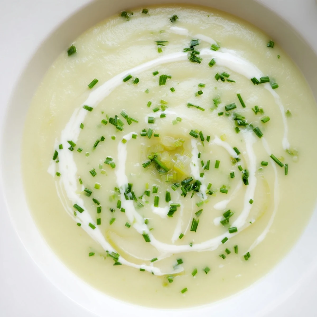 A bowl of velvety Leek and Potato Soup with Cream, topped with chives and served alongside warm, crusty artisan bread.