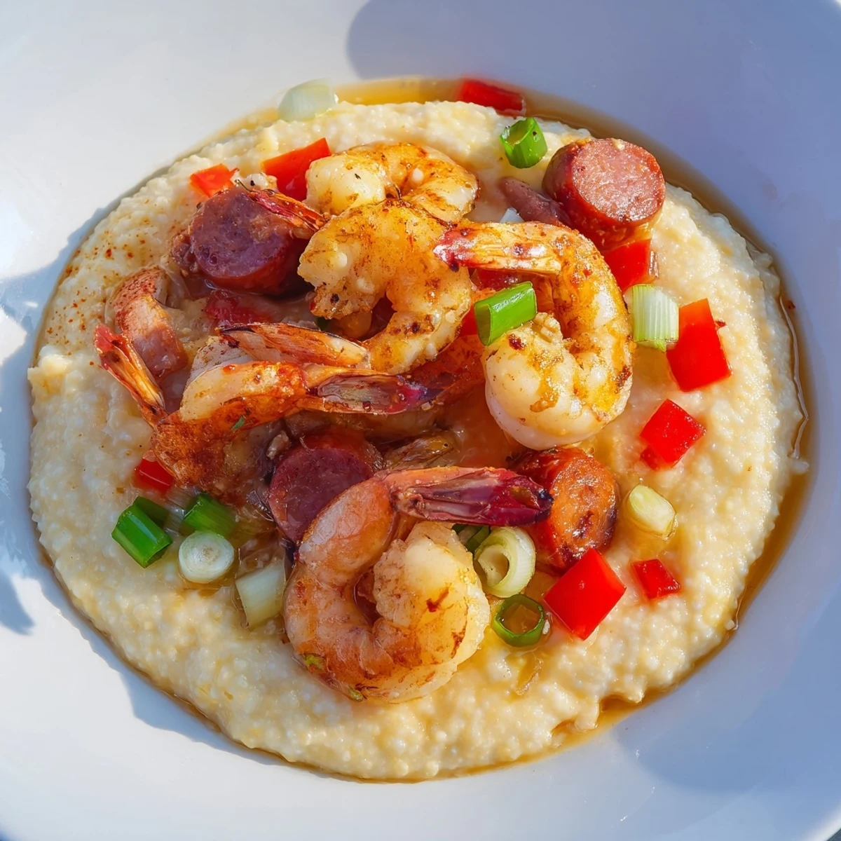 Creamy cheddar cheese grits topped with succulent sautéed shrimp and andouille sausage for a Southern dinner.