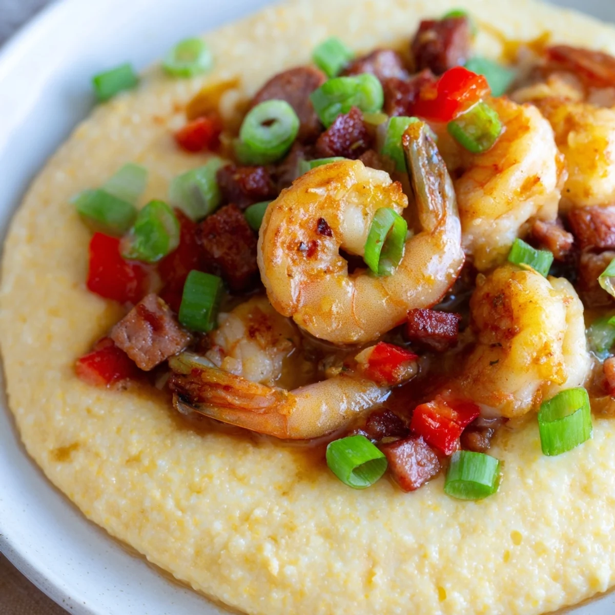 Warm Shrimp and Grits with Cheddar Cheese served in a rustic bowl with fresh scallions.