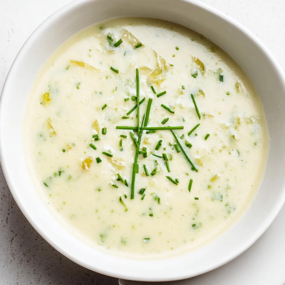 Velvety Leek and Potato Soup in a rustic mug with thyme garnish, perfect for cold weather comfort.