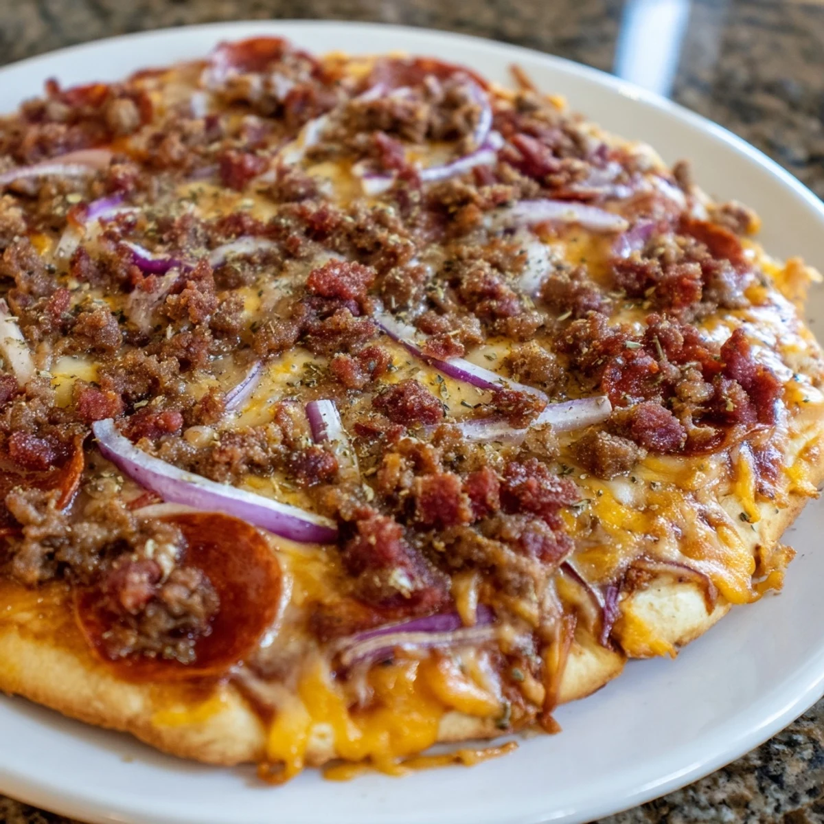 Hearty slice of Meat Lover Pizza with pepperoni, sausage, and beef on a rustic wooden board.