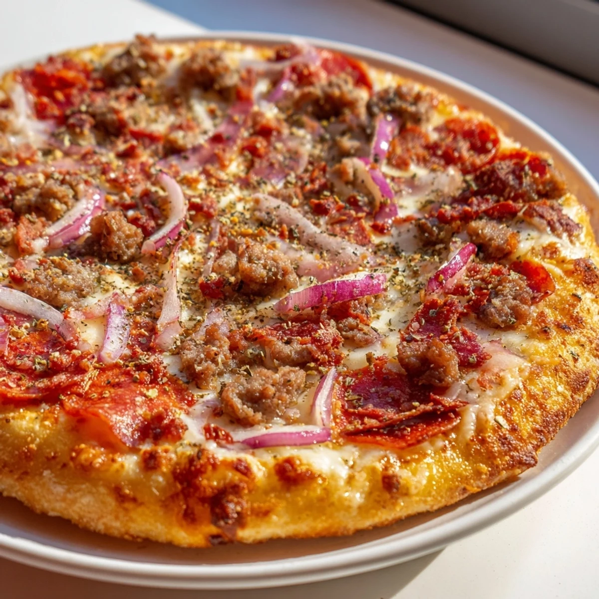 Golden-brown Meat Lover Pizza with beef toppings, crispy bacon, and melted mozzarella on a chewy, blistered crust.