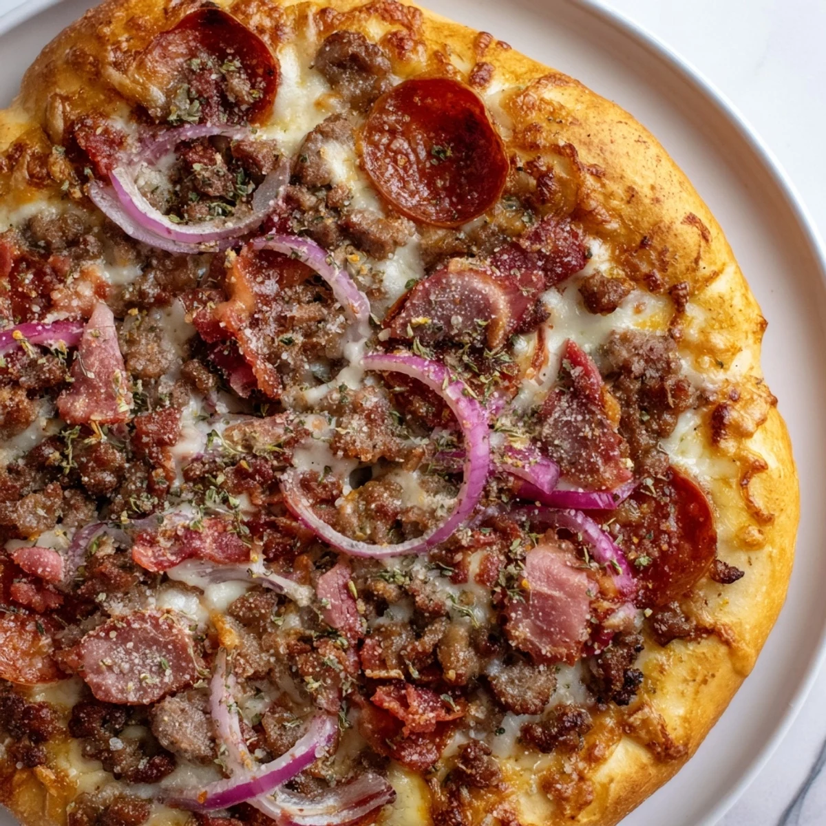 Freshly baked Meat Lover Pizza with bubbling cheese, savory beef, and golden edges, served on a pan.