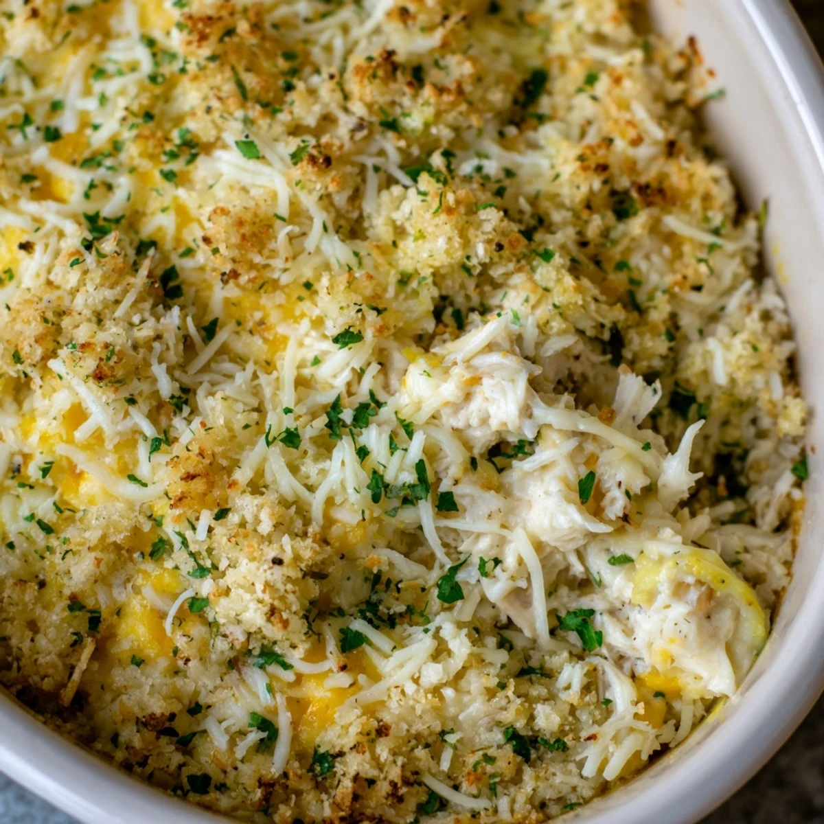 Golden-baked Crab Dip with Crackers and Crostini bubbling in a dish, topped with melted cheese and fresh herbs.