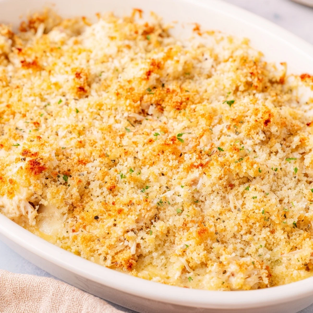 A close-up of savory Crab Dip with Crackers and Crostini showing lump crab meat and zesty seasonings.
