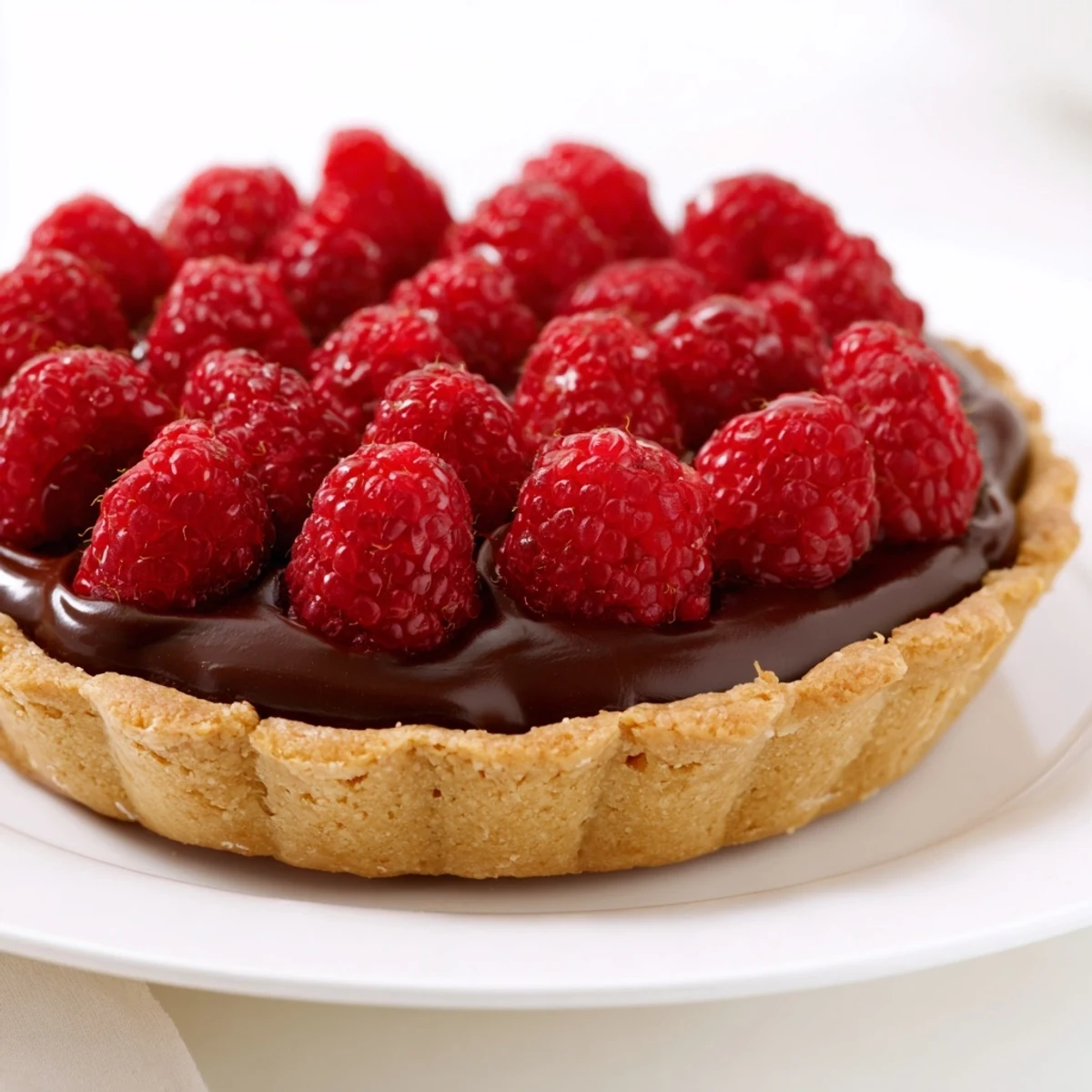 Fresh raspberries glisten atop a glossy chocolate ganache layer in this Raspberry Tart with Chocolate Ganache, nestled in a golden, flaky butter crust.