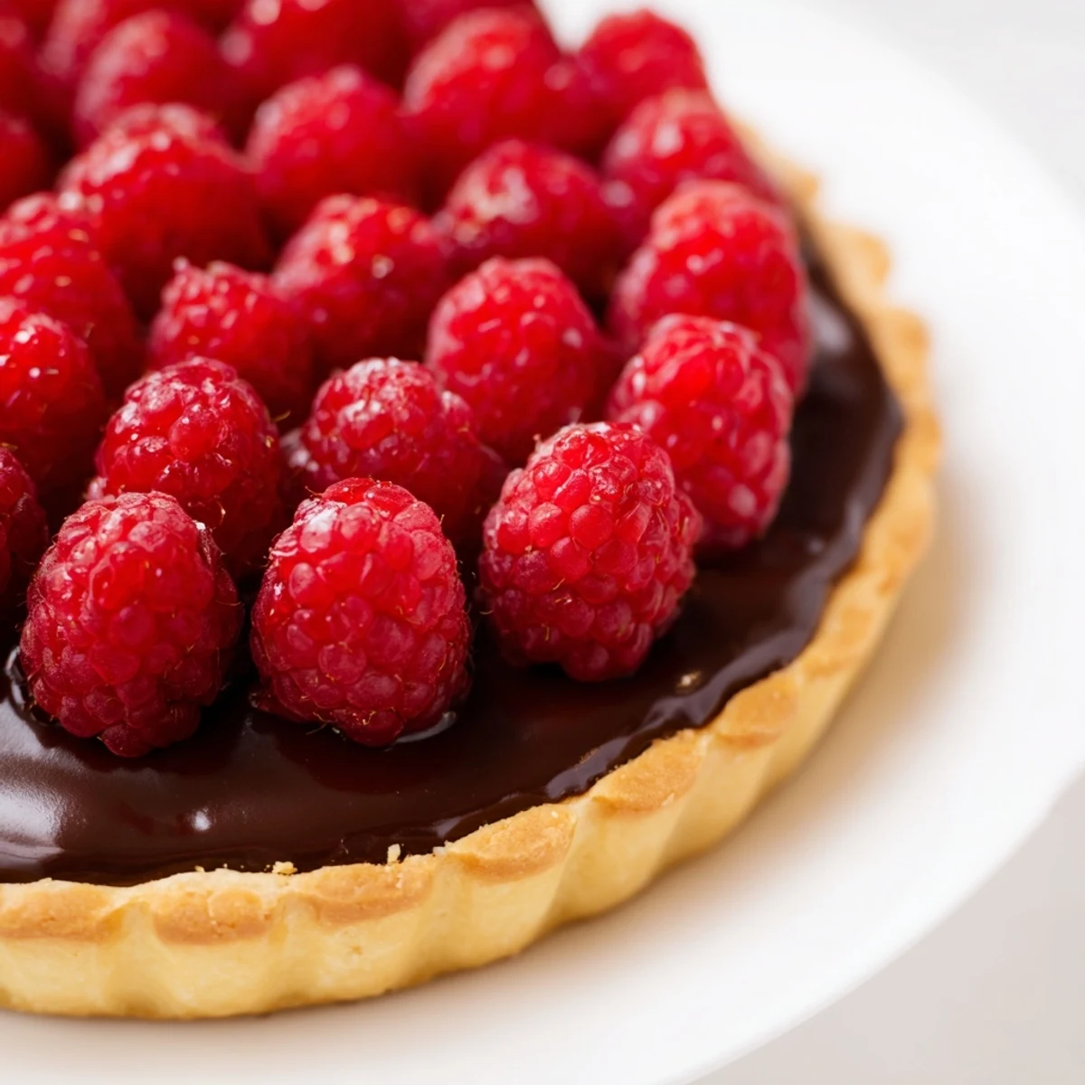 A close-up of Raspberry Tart with Chocolate Ganache reveals ripe red berries and a rich, dark filling, served on a white ceramic plate.
