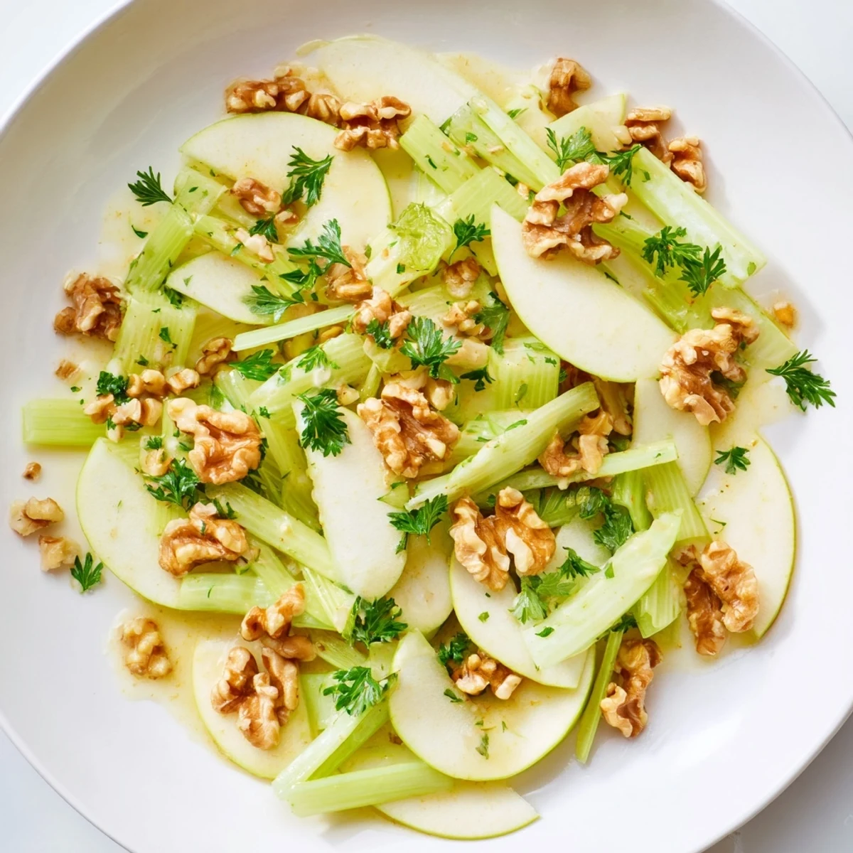 Fresh Apple and Celery Salad with Walnuts glistens with lemon dressing in a white ceramic bowl, ready to serve.