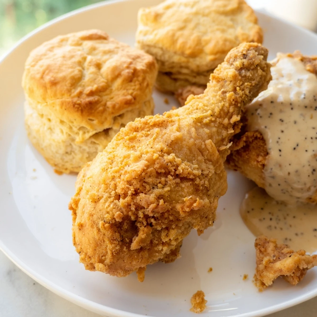 Golden-brown Fried Chicken with Biscuits and Gravy, drizzled with creamy peppery sauce, served hot on a rustic plate.