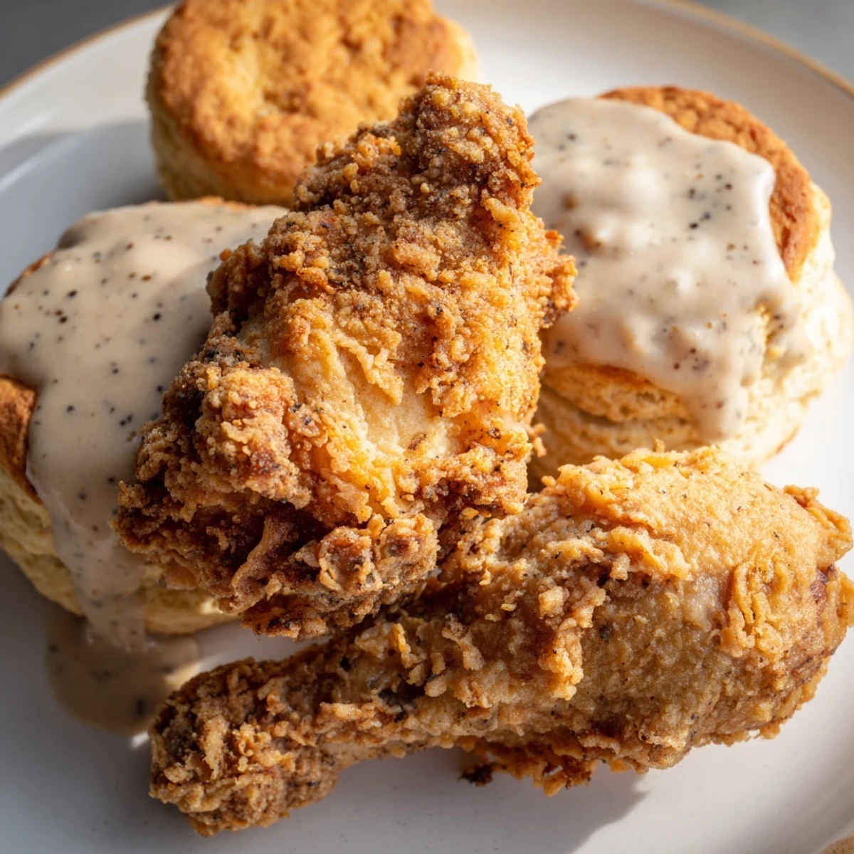 Golden-fried Fried Chicken with Biscuits and Gravy sits beside fluffy biscuits, steam rising from the rich country gravy.