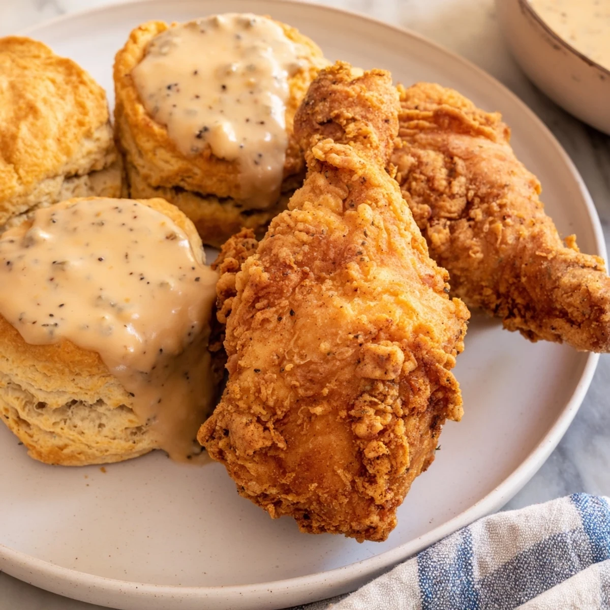 Hearty Fried Chicken with Biscuits and Gravy plated for dinner, crispy chicken, buttery biscuits, and plenty of savory gravy.