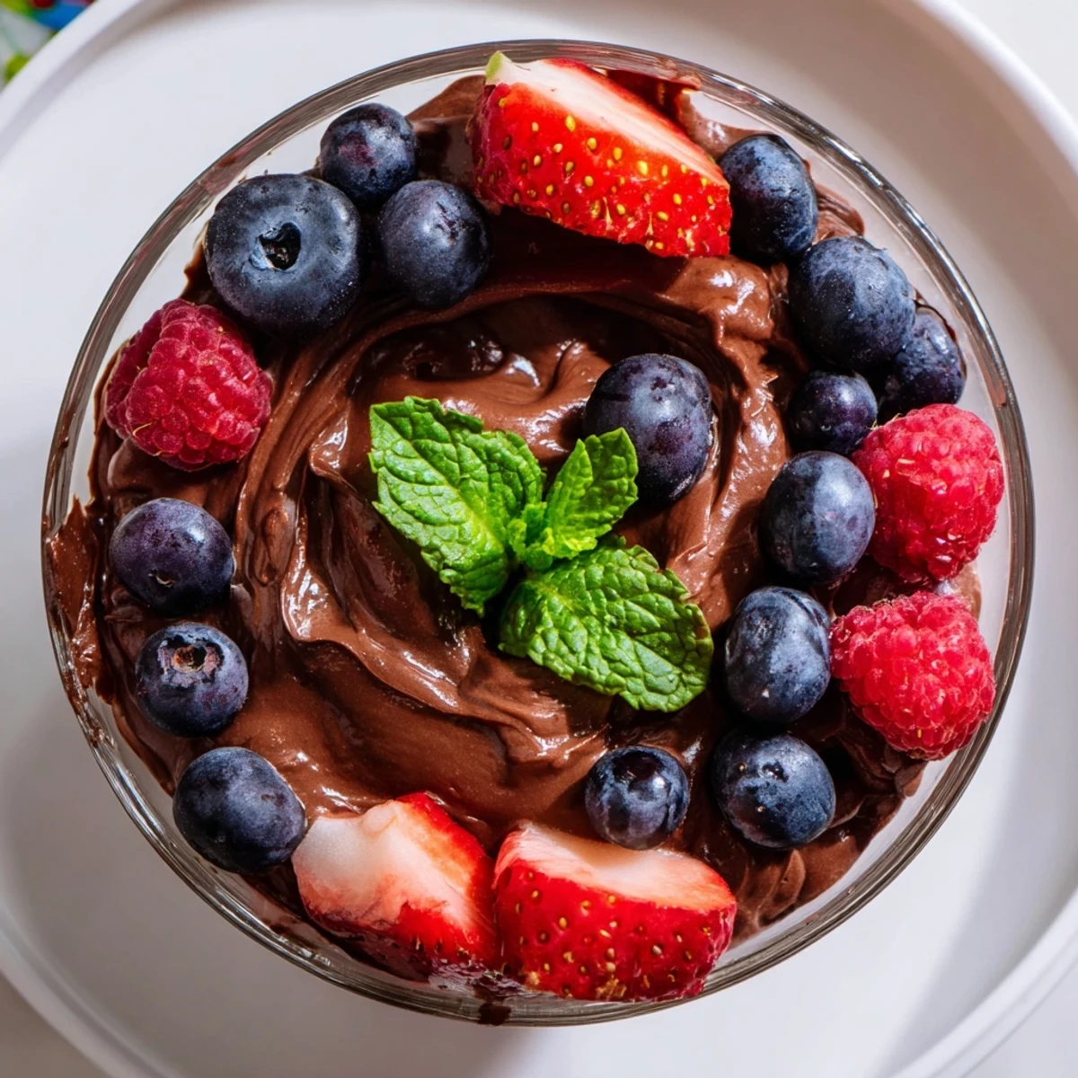 Creamy dark chocolate mousse in a glass, topped with fresh mixed berries and a mint leaf garnish.  