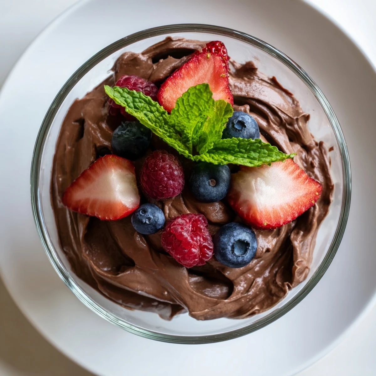 Rich chocolate mousse layered with strawberries, blueberries, and raspberries for a sweet-tart dessert.  