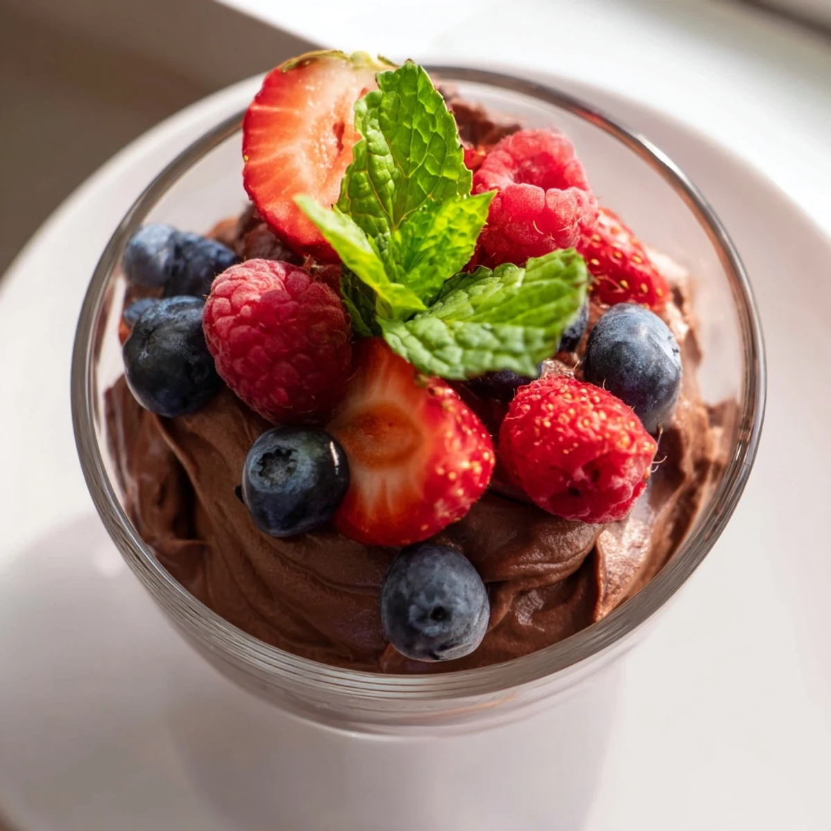 Elegant chocolate mousse dessert served with vibrant mixed berries and a dusting of powdered sugar.