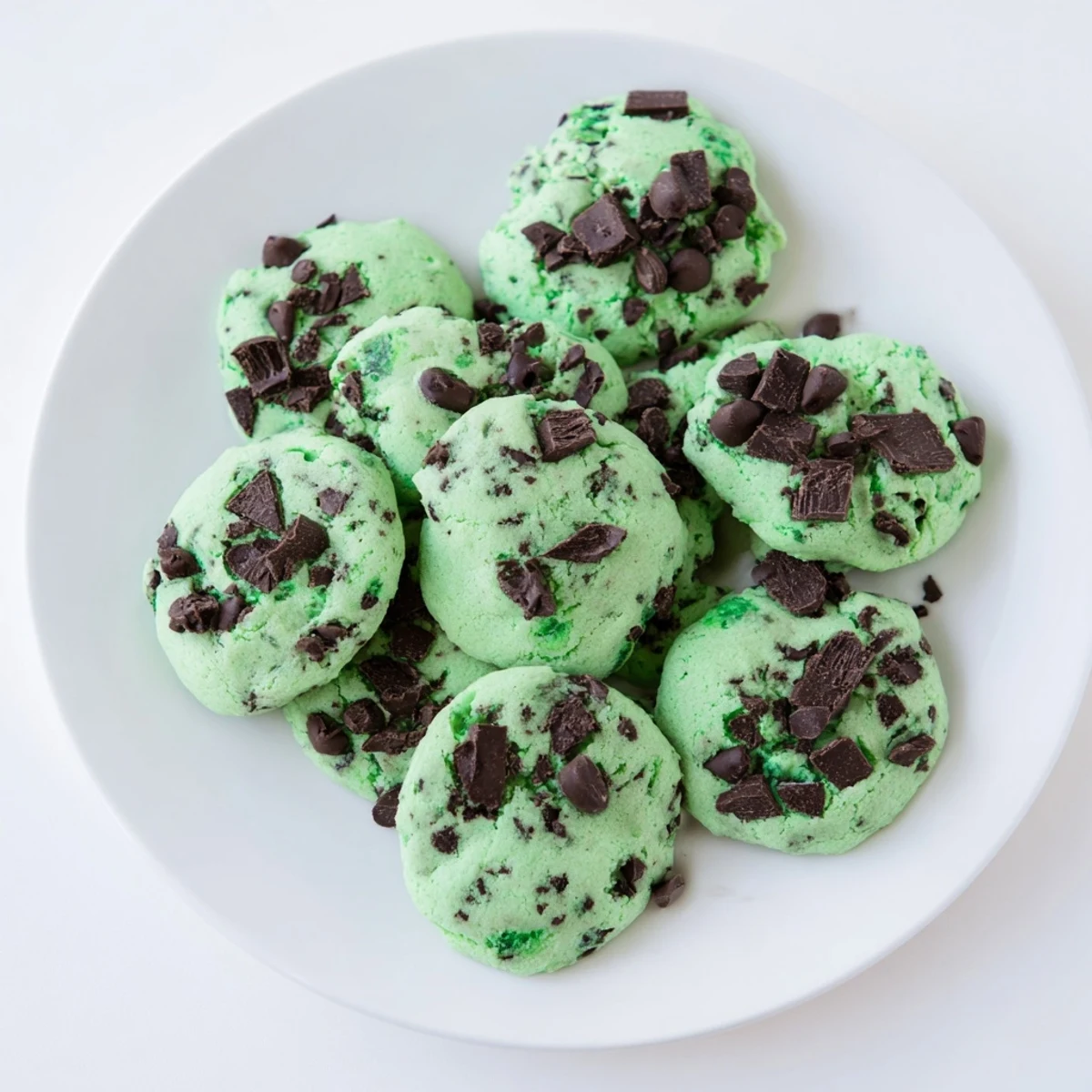 Freshly baked Mint Chip Cookies with vibrant green dough and rich chocolate chips on a cooling rack.