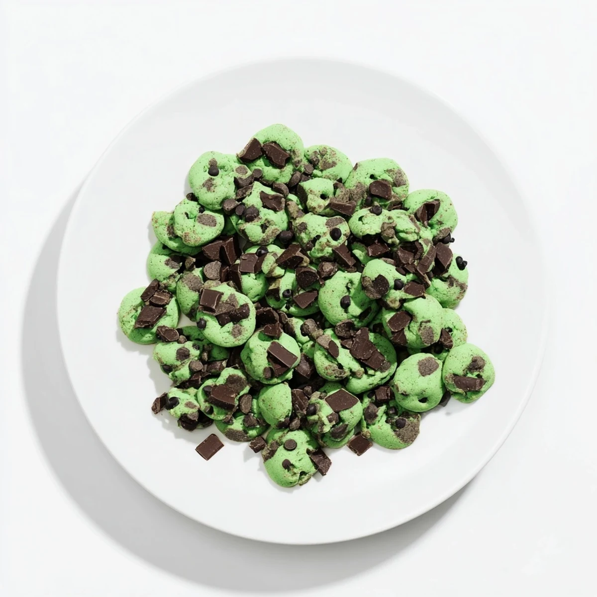 Festive Mint Chip Cookies with emerald green dough, ready to serve with tall glasses of cold milk.