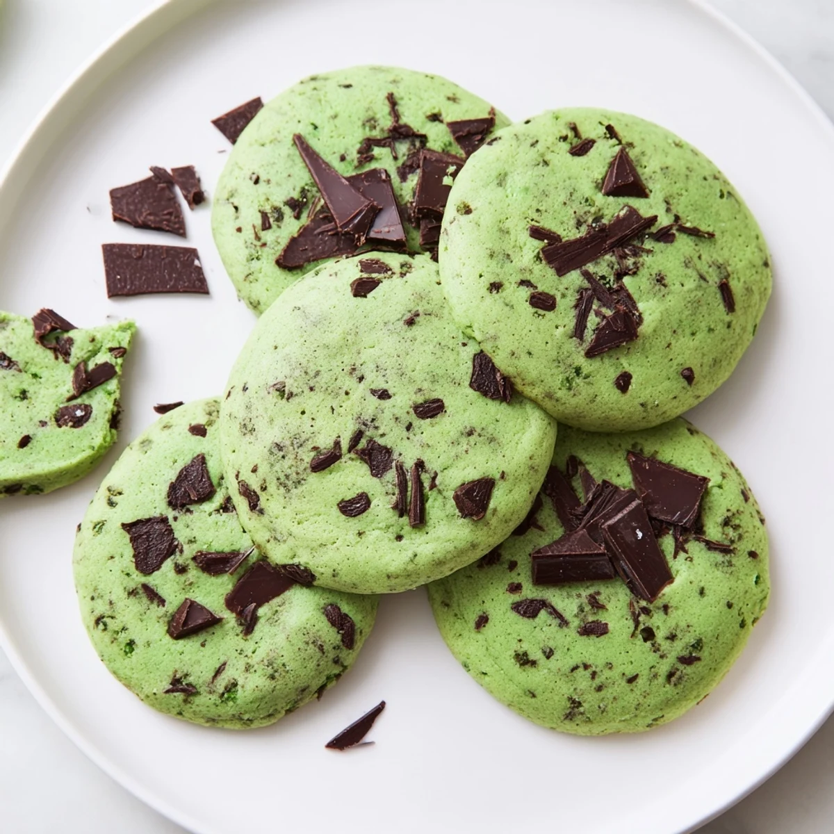 Close-up of soft Mint Chip Cookies with gooey chocolate centers and a cool mint aroma.