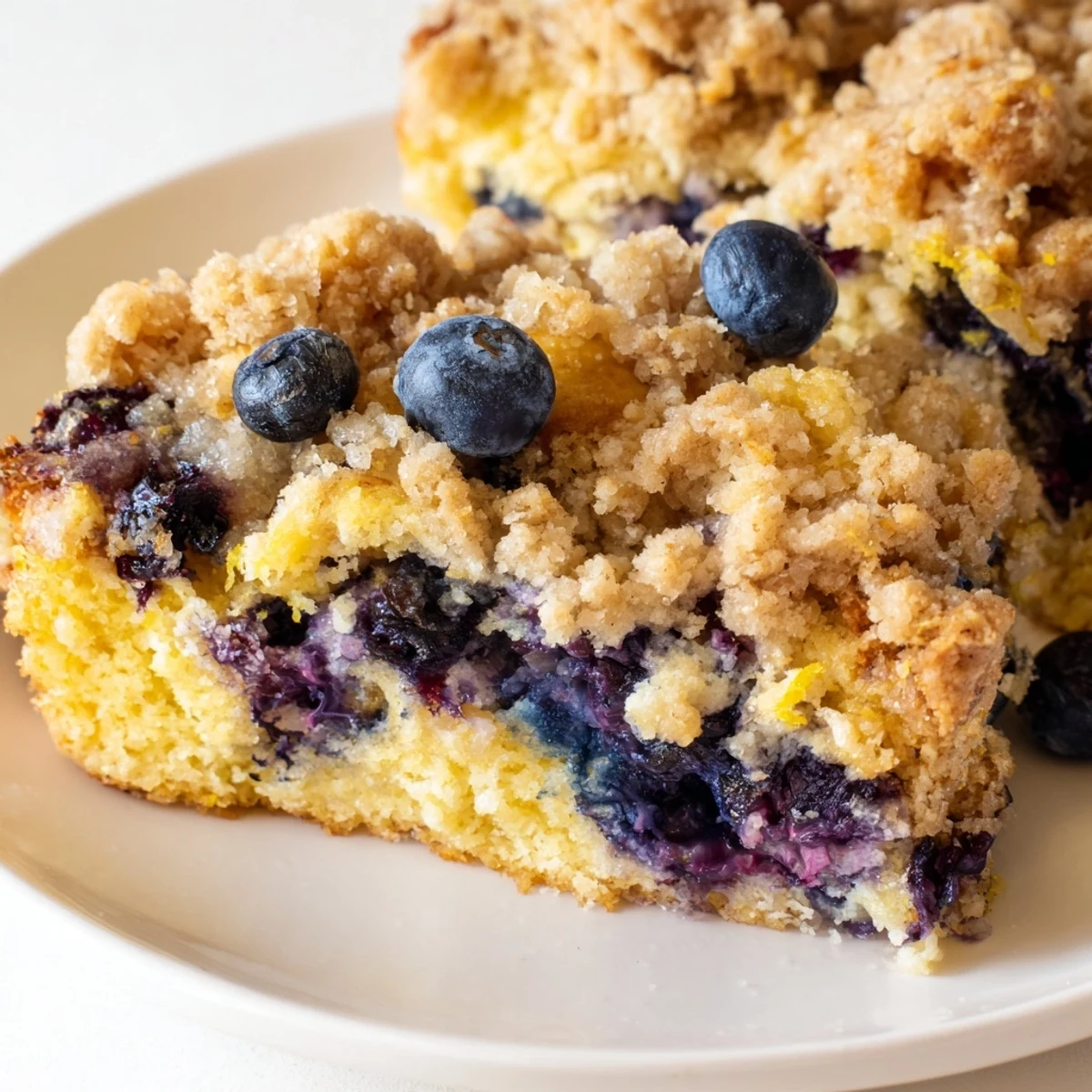 Golden Lemon Blueberry Coffee Cake sits on a wire rack, showcasing a crumbly streusel topping and vibrant blueberries peeking through.  