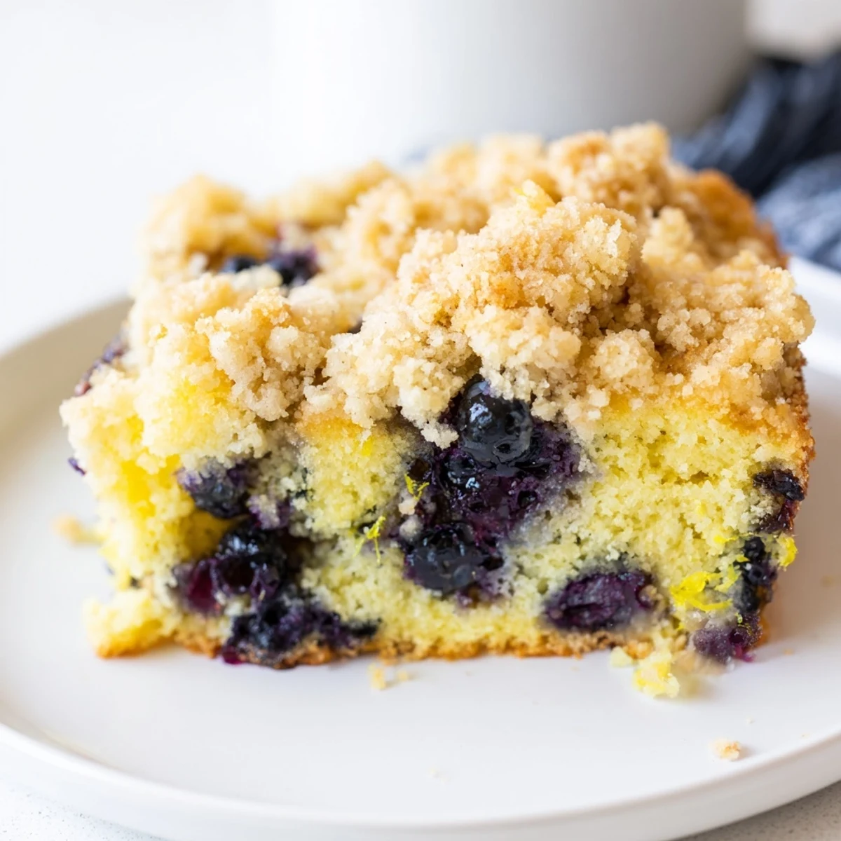 A close-up view of warm Lemon Blueberry Coffee Cake reveals moist crumbs, fresh lemon zest, and a light lemon glaze drizzle.  