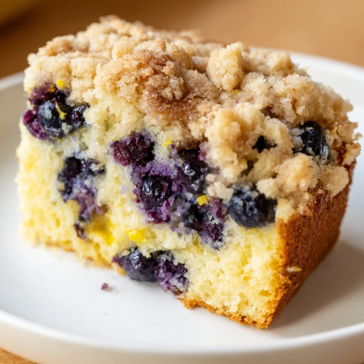 Fresh Lemon Blueberry Coffee Cake with crumbly streusel, served warm on a plate with a cup of coffee, ready to enjoy.