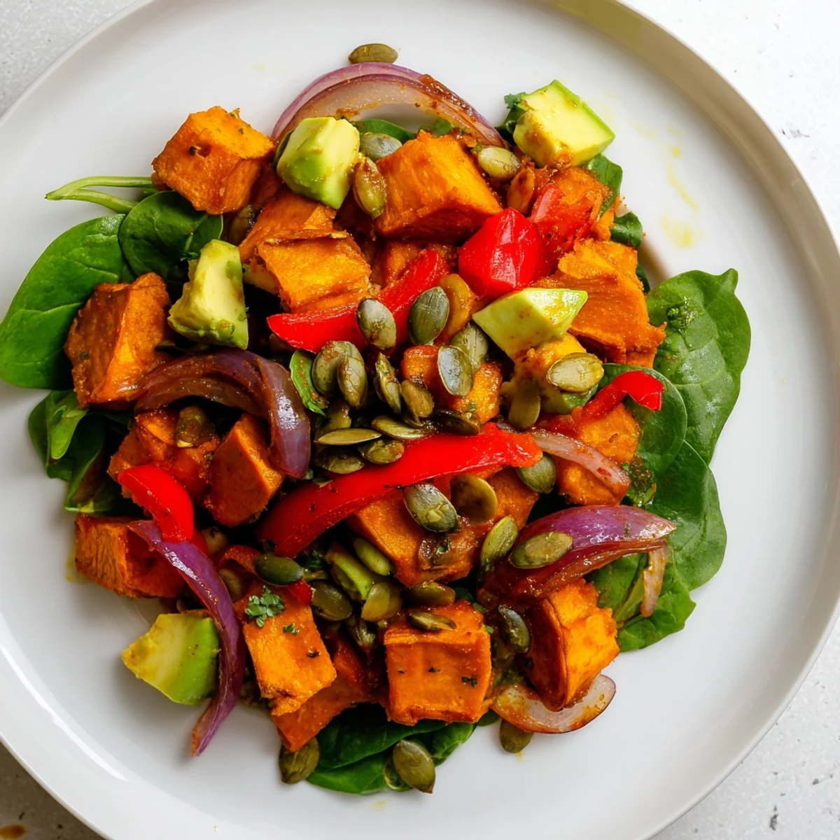 Roasted Sweet Potato Salad with Lime showcases golden roasted sweet potatoes and creamy avocado on a bed of fresh spinach.