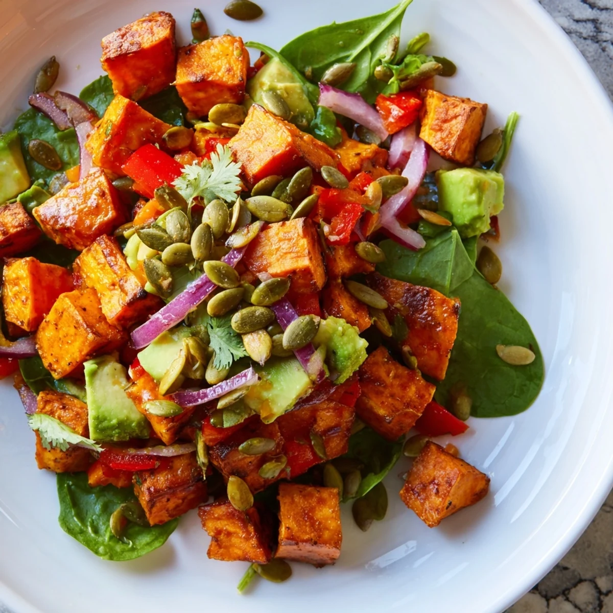 This Roasted Sweet Potato Salad with Lime features caramelized sweet potatoes tossed with a zesty lime dressing and crunchy pepitas.