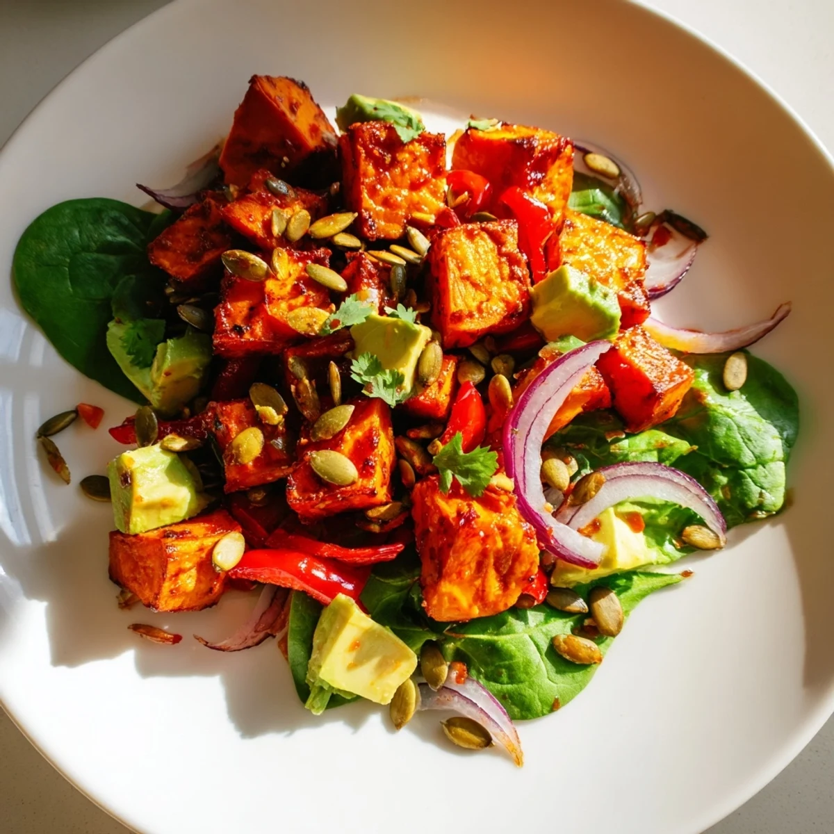 A vibrant serving of Roasted Sweet Potato Salad with Lime, garnished with fresh cilantro and red onion, ready for dinner.