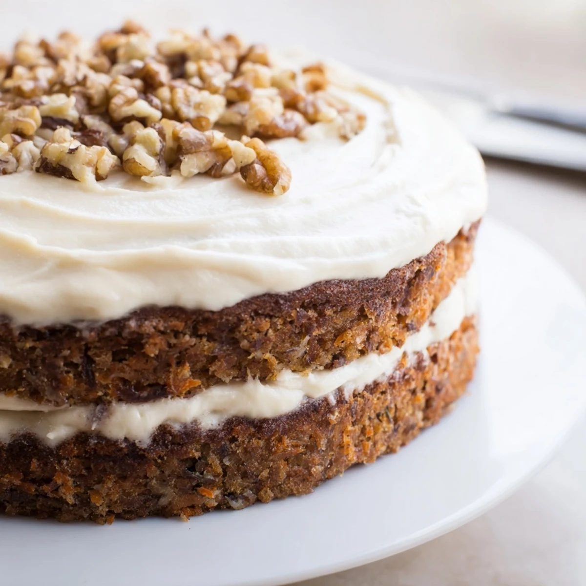 Freshly baked Easter Carrot Cake with Walnuts features moist layers, cream cheese frosting, and chopped walnuts on top.  