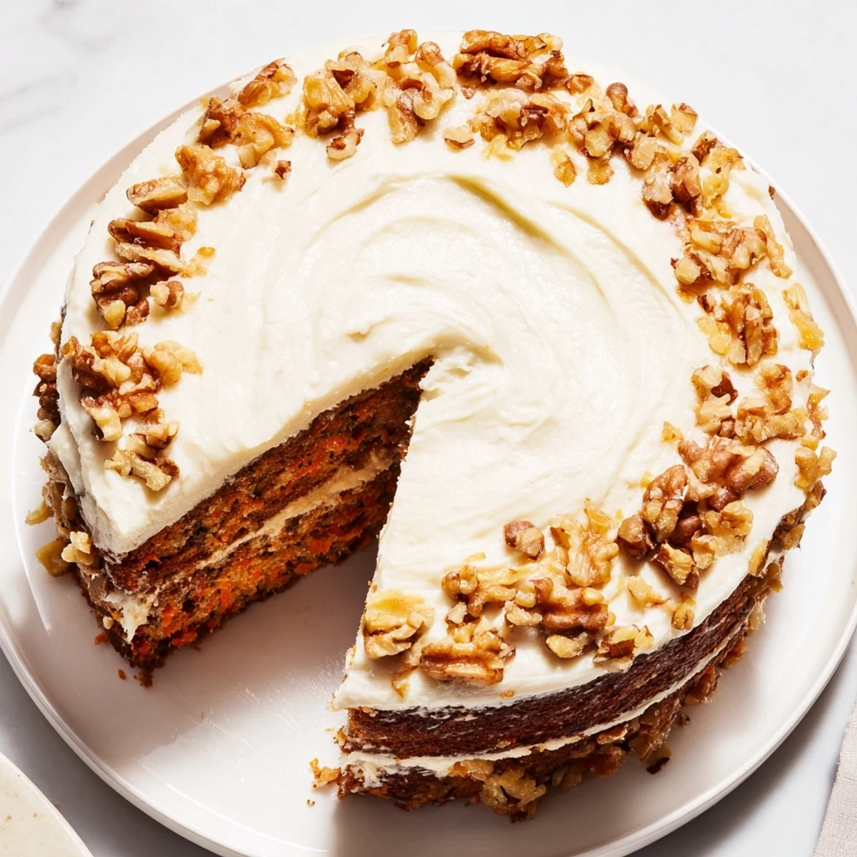 A slice of moist Easter Carrot Cake with Walnuts on a plate with extra nuts and a decorative carrot garnish.  