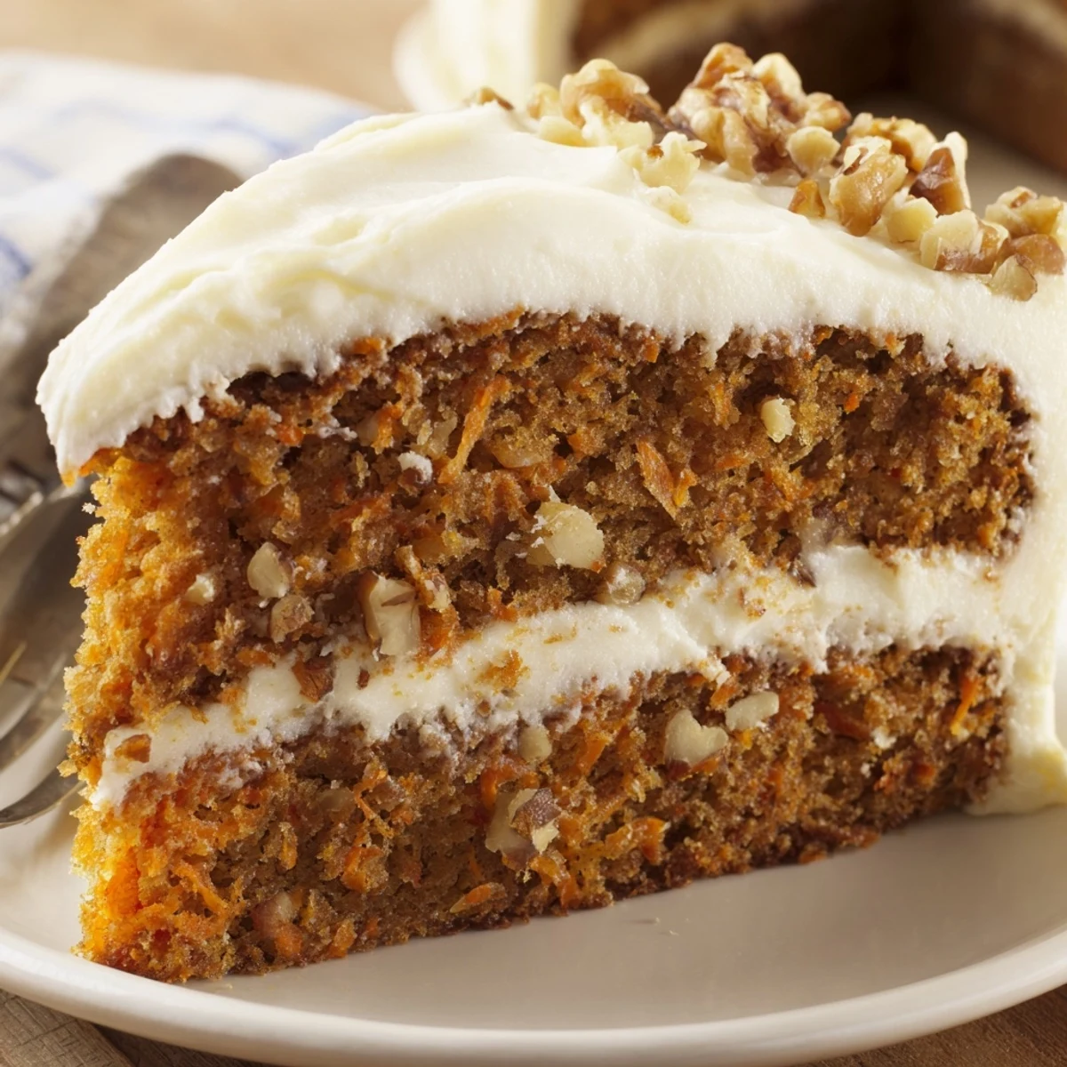 Frosted Easter Carrot Cake with Walnuts, layers visible, served with a cup of tea for an elegant dessert table.